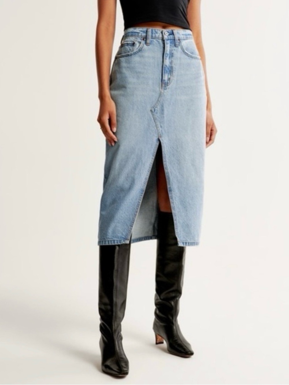 Abercrombie High Rise Midi Denim Skirt